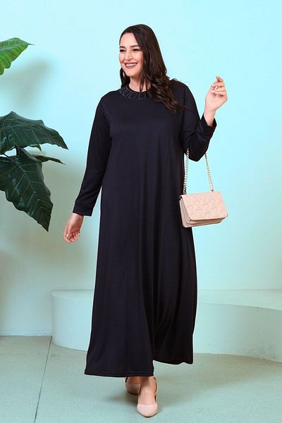 Ferace Μεγάλο μέγεθος Hijab Viscose Stone Printed Γυναικείο Φόρεμα Navy Blue