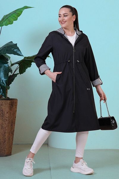 Ferace Women's Large Size Zippered Clothes Cik Hijab Trenc Black
