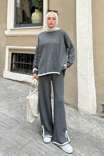 lamelif Gray Knitwear Set - Stripe Detailed