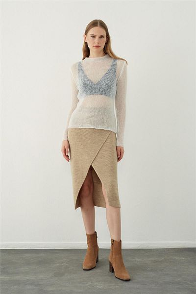 SHERIN Μίντι πλεκτή φούστα Camel Asymmetric Slit