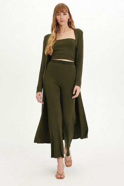 SHERIN Khaki Strapless Athlete Cardigan Trousers Triple Knitwear Set