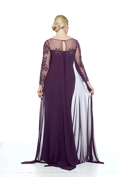 Moda Berray فستان سهرة نسائي بأكمام طويلة وذيل شيفون من الخلف بلون البرقوق 8028