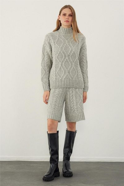 SHERIN Gray Soft Textured Sweater Shorts Knitwear Set