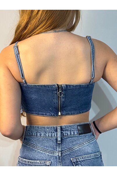 Diyor Jean askılı crop arkası fermuarlı