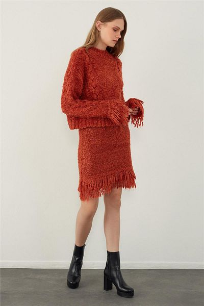 SHERIN Brick Color Tasseled Knitwear Sweater and Skirt Set