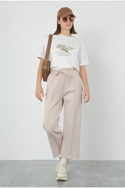 HEQA Pantaloni de scuba bej - Design cu nervuri