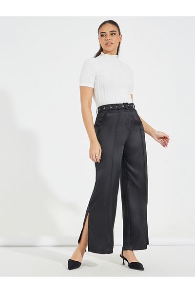 Styli High Rise Belted Pants with Side Slit
