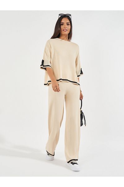 Styli Wide Leg Casual Knit Pants with Contrast Trim