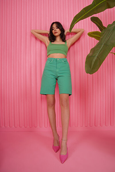 SeninOlsun Yeşil Lazer Kesim Kot Şort