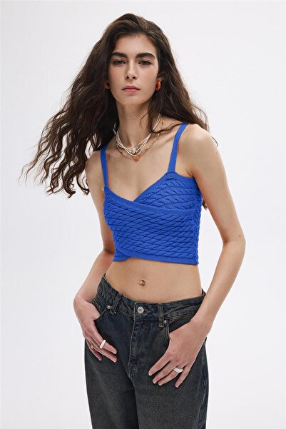 SHERIN Сплетений синій трикотажний кроп-топ