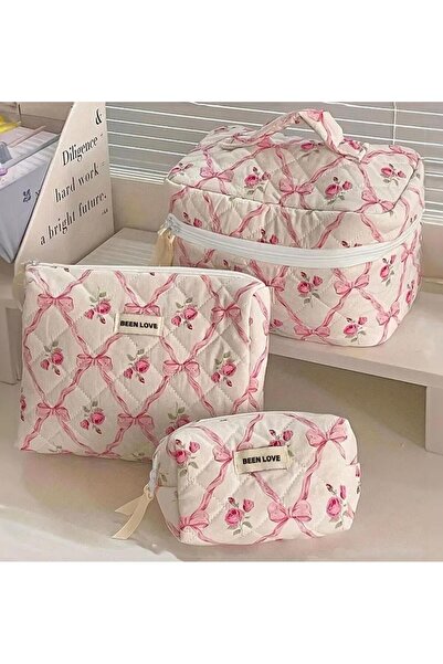 Burroe Atalier مجموعة من 3 أكياس مكياج أو منظم مبطنة بنمط زهرة وردية وقوس