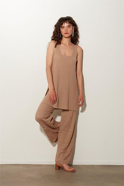 SHERIN Beige Knitted Patterned Knitwear Tunic Trousers Set