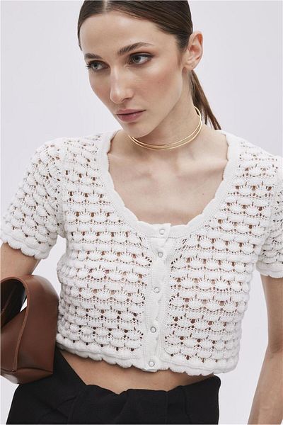 SHERIN Ecru Snap Knitwear Crop Top