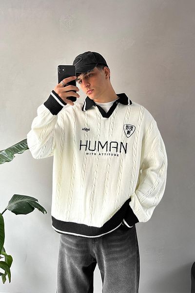 Flaw Wear Human Embroidered Ecru Polo Neck Sweater