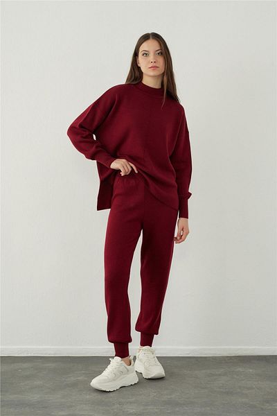 SHERIN Claret Red Basic Sweater Trousers Knitwear Set