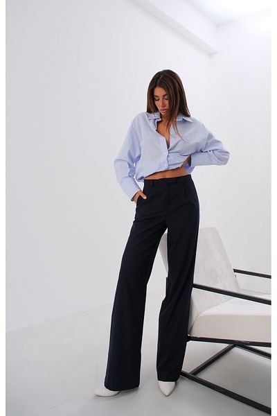 Black Fashion Single Pleated Navy Blue Wide Leg Trousers