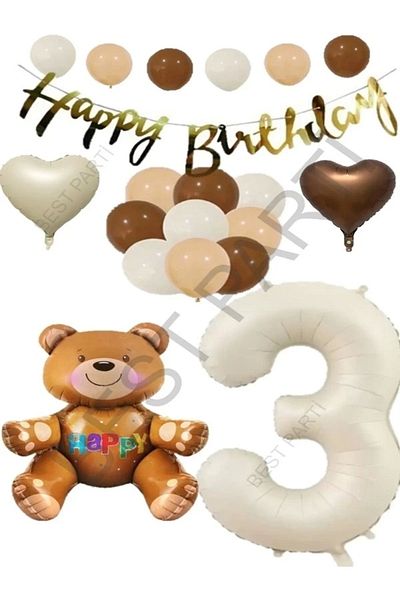 RÖNESANS PARTİ Happy Birthday Banner Sitting Bear, Beige Number, Heart Foil and Latex Balloon Set Age 3