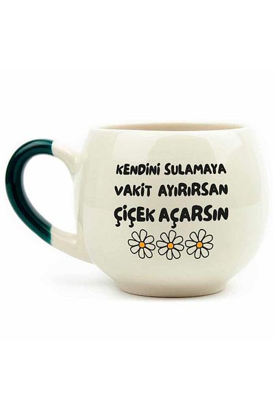 PALTO TASARIM Shiny Cream Colored Flower Patterned Ceramic Gift Mug - Green Handle