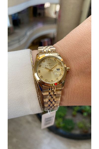 FERRO Quartz Steel Gold Color 28 mm Women's Wristwatch (with Bracelet Gift)