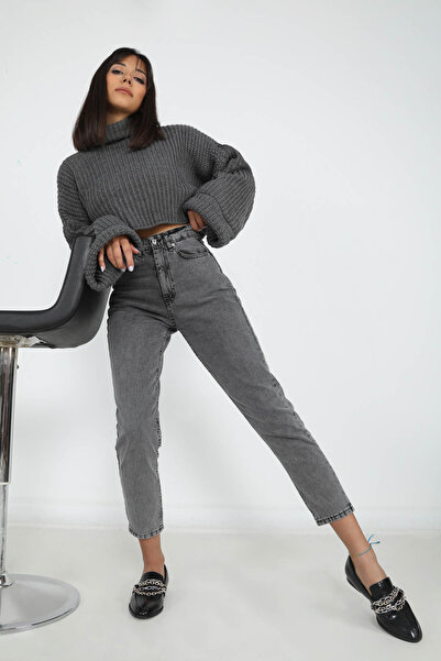 SeninOlsun Gri Yüksek Bel Mom Jean