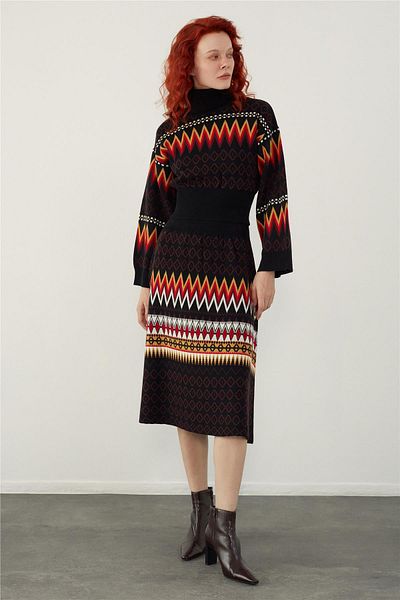 SHERIN Black Ethnic Patterned Sweater Skirt Knitwear Set