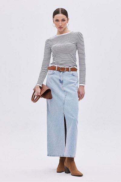 SHERIN Fustă albastră din denim cu crapata in fata