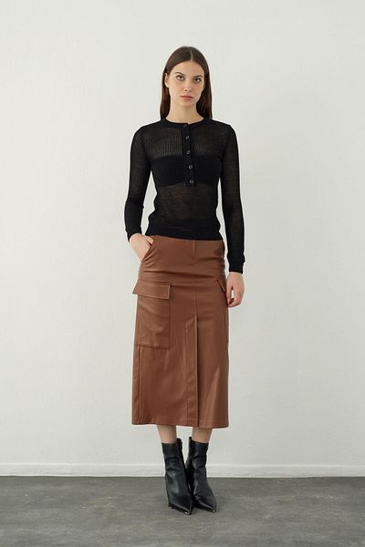 SHERIN Brown Leather Look Midi Skirt with Pocket Detail