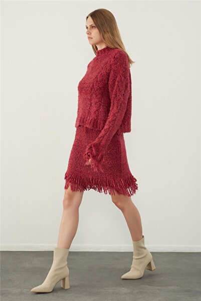 SHERIN Fuşya Püsküllü Kazak Etek Triko Takım