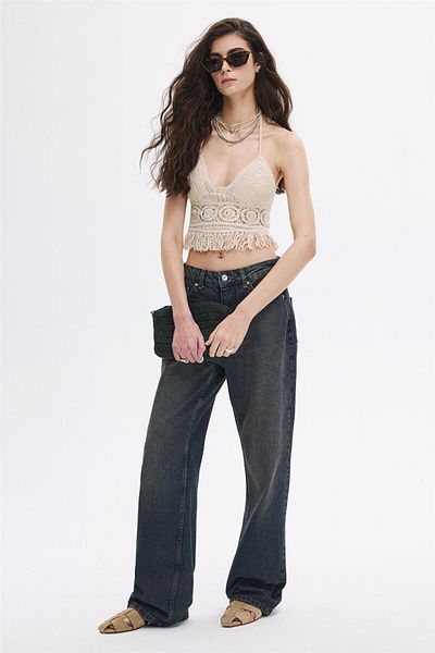 SHERIN Μπεζ Crop Top - Σχέδιο με φούντα