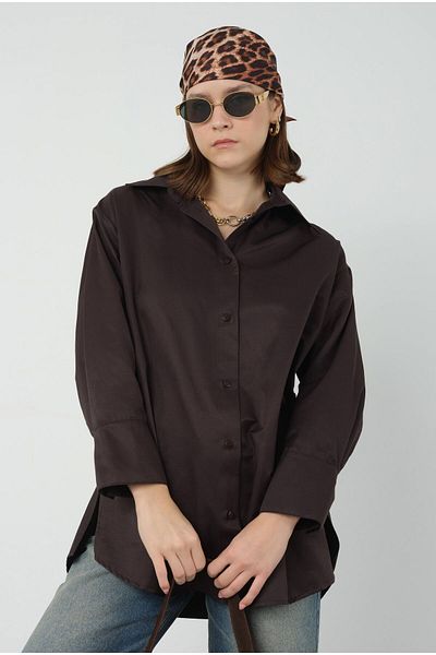 HEQA Cămașă scurtă din poplin maro închis