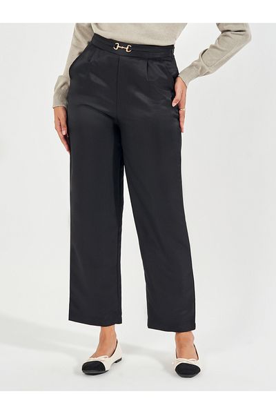 Styli High Rise Straight Leg Pants with Metal Accent