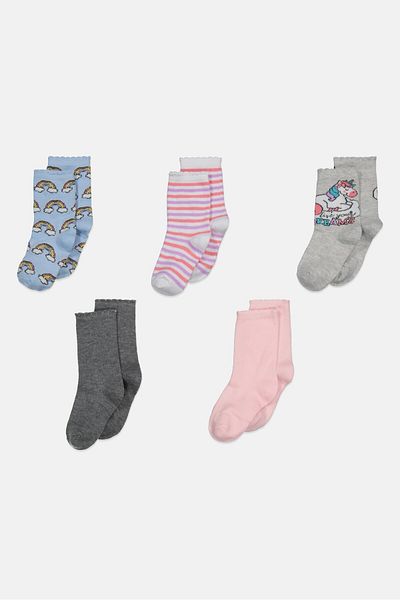 Sam & Olivia Kids Girl 5 Pair Allover Printed Socks, White Combo