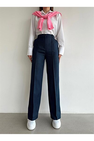 mydukkan.co Ön Dikiş Detay Yün Efektli Palazzo Pantolon Lacivert