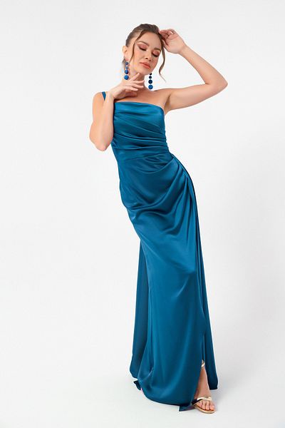 Lafaba Petrolfarbenes One-Shoulder-Satin-Abend- und Abschlusskleid für Damen