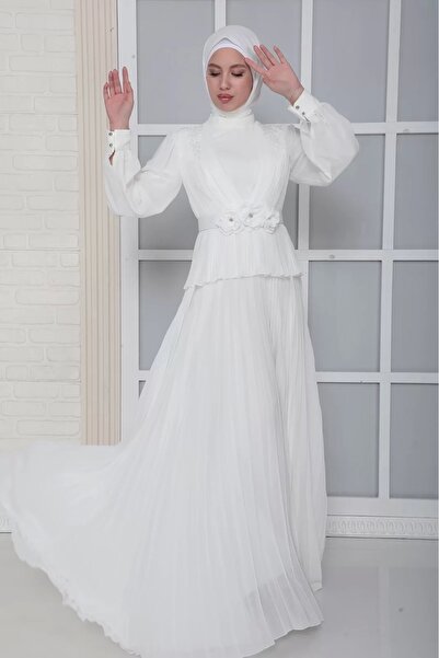 lodmela Βραδινό φόρεμα με πιέτες Hijab - Λεπτομέρεια από τον ώμο και τη ζώνη, Λευκό 816
