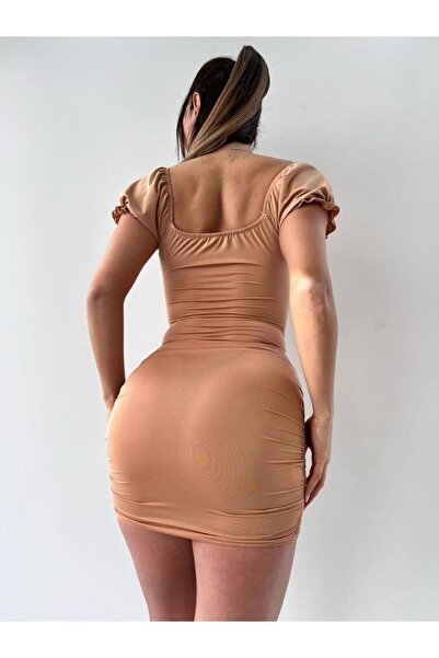 pink life Bej Kısa Kol Pencere Detay Bodycon Mini Elbise