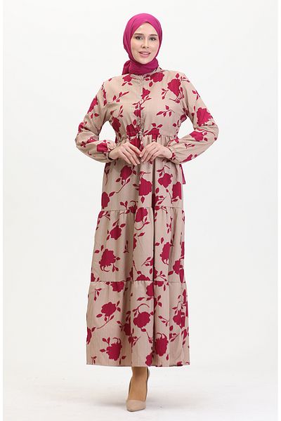 sefamerve Φόρεμα Mink Fuchsia Print - Μπροστινά κουμπιά και κορδόνια 0516-01