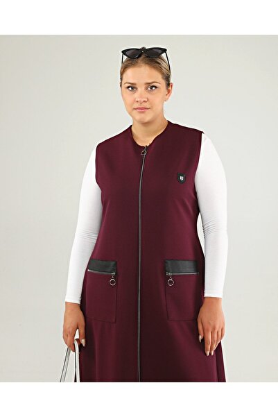 Ferace Women's Large Size Long Vest with Leather Pockets Ottoman Plum
