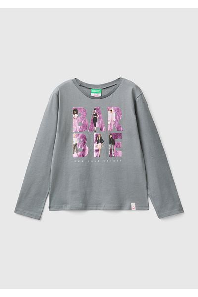 United Colors of Benetton Girl's Anthracite Front Barbie Printed Crew Neck Long Sleeve T-Shirt