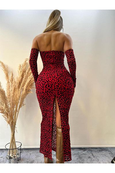 pink and pink Rochie roșie din tul cu mâneci cu imprimeu leopard