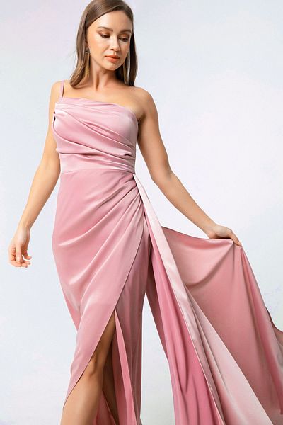 Lafaba Puderfarbenes One-Shoulder-Abendkleid und Abschlusskleid aus Satin für Damen
