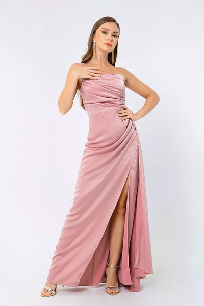 Lafaba Puderfarbenes One-Shoulder-Abendkleid und Abschlusskleid aus Satin für Damen