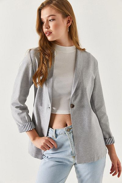 armonika Dámská šedá pruhovaná bunda s jedním knoflíkem a rukávem na vnitřní straně rukávu-22K001122