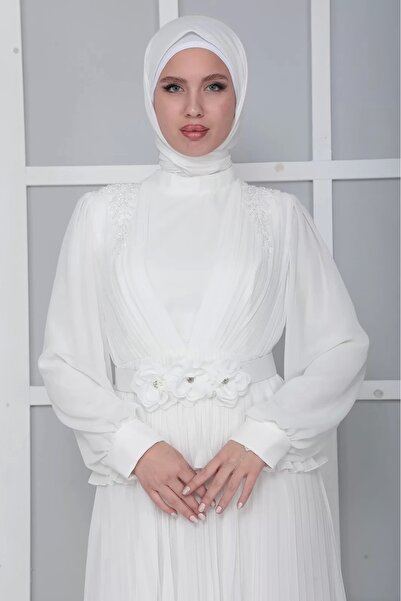 lodmela Βραδινό φόρεμα με πιέτες Hijab - Λεπτομέρεια από τον ώμο και τη ζώνη, Λευκό 816