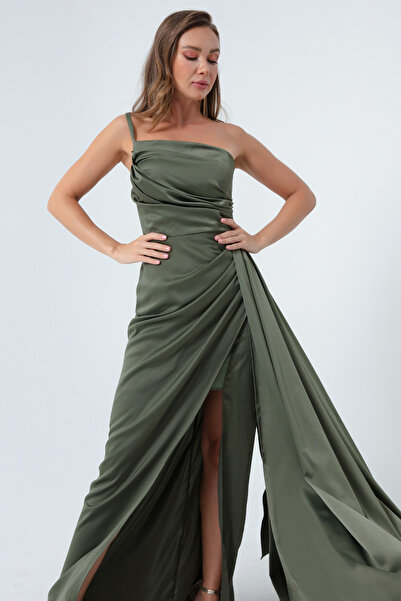 Lafaba Γυναικείο βραδινό φόρεμα χακί με έναν ώμο σατέν & φόρεμα αποφοίτησης