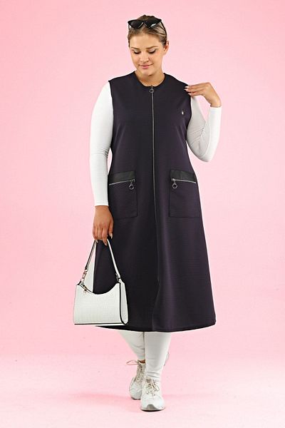 Ferace Women's Long Sleeveless Zippered Vest with Leather Pockets Ottoman Navy Blue