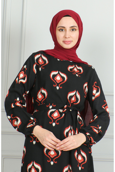 sefamerve Šaty s páskem s viskózovým vzorem - černá béžová 0491-03