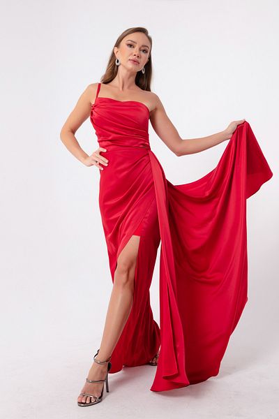 Lafaba Rotes One-Shoulder-Abendkleid und Abschlusskleid aus Satin für Damen