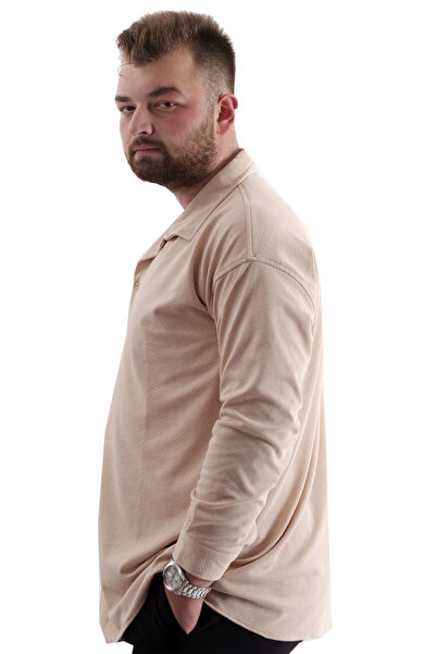 ModeXL Plus Size Men's Shirt - Apas Collar, Long Sleeve, Beige Jacquard U24381