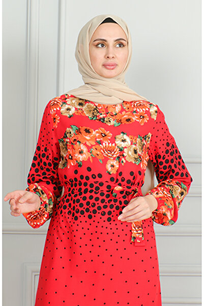 sefamerve Red Viscose Dress - Patterned, Belted and Elastic Sleeve 0494-02